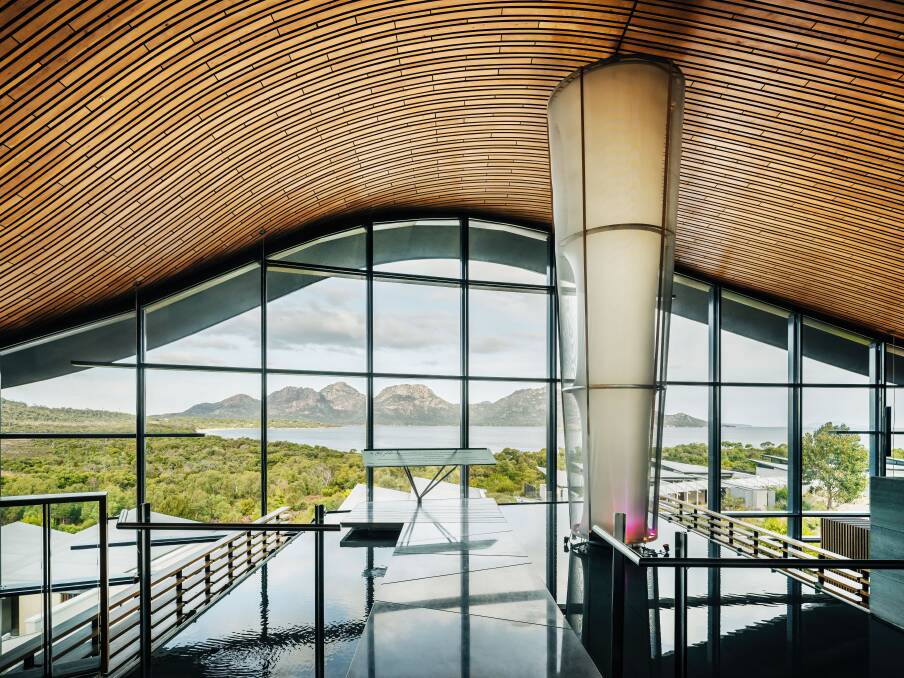 The foyer of Saffire Freycinet with views of the Great Oyster Bay and Hazards mountains.